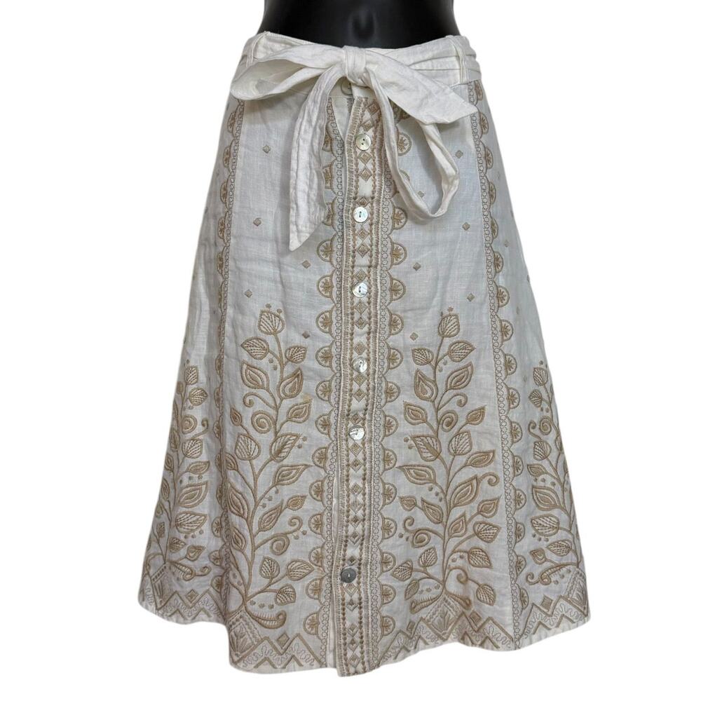 JOHNNY WAS TASYA SKIRT MEDIUM M WHITE LINEN EMBROIDERED BOHO BUTTON FRONT MIDI